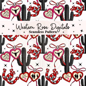 May include: Seamless pattern featuring Western-themed elements. The design includes heart-shaped lockets with a bull skull, cacti, horseshoes, and the text "Cowboy's Wild & Love" and "Wild Valentine". The background is white with black stars.