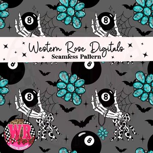 May include: A seamless digital pattern on a gray background featuring repeating illustrations of skeleton hands holding black eight balls, turquoise stone flower clusters, black spiderwebs, small bats, and black and white cow print bows.