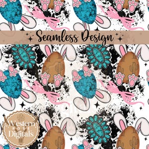 May include: A seamless pattern featuring turquoise and brown Easter eggs with bunny ears, pink bows, and black and white splattered paint on a white background. The text "Seamless Design" is in the center of the image.