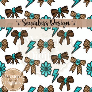 May include: Seamless design featuring brown bows, turquoise lightning bolts, and turquoise floral accents on a white background. The bows have a checkered pattern. The text "Seamless Design" is displayed.