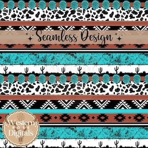 May include: Seamless pattern design featuring turquoise, brown, black, and white stripes with a cowhide print, cactus silhouettes, and geometric shapes. The text "Seamless Design" is included in the pattern.