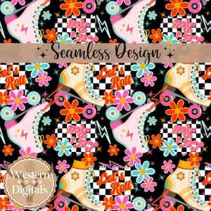 Könnte beinhalten: Ein nahtloses Muster mit Retro-Rollschuhen, Blumen und dem Text "Let's Roll" auf einem schwarz-weiß karierten Hintergrund. Das Muster ist im Stil der 70er Jahre mit leuchtenden Farben und kräftigen Grafiken.