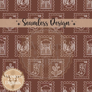 May include: A seamless design featuring repeating postage stamp illustrations with western themes. The stamps include images of horseshoes, cacti, cowboy boots, and a saloon. The text "Seamless Design" is displayed across the center.