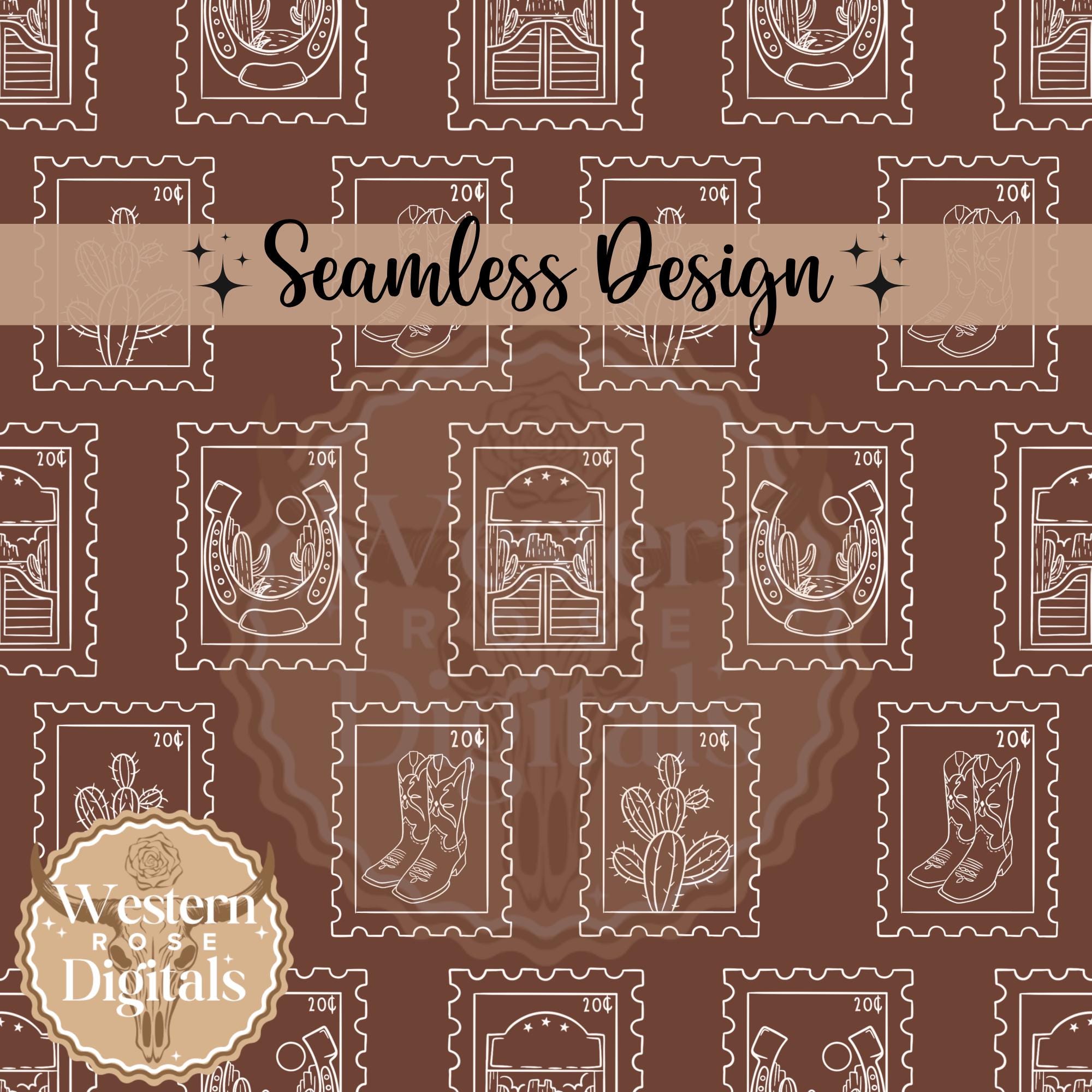 western postage stamps seamless pattern, western seamless designs, digital paper, digital download, western digital designs, png file