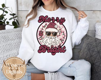 Retro Christmas PNG: Pink Checkered Santa - Merry & Bright (Digital Download)
