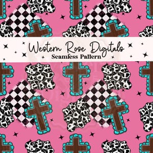 Może przedstawiać: Bezszwowy wzór z krzyżami, nadrukiem krowim i czarno-białym wzorem w szachownicę na różowym tle. Krzyże mają turkusowe akcenty. Widoczny jest również tekst "Western Rose Digitals" i "Seamless Pattern".