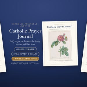 Puede incluir: Un conjunto de diario de oración católico imprimible con tres páginas de fondo crema y texto oscuro. La portada muestra una ilustración botánica de una rosa, mientras que las páginas interiores incluyen secciones rayadas para oraciones.