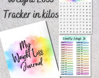 Weight Loss Tracker IN KILOS | Rainbow watercolor Weightloss Journal