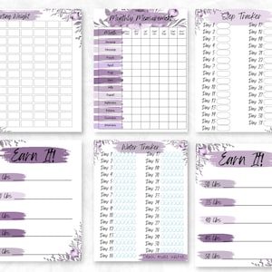 May include: A set of six printable weight loss trackers. The pages include a starting weight chart, monthly measurement log, step tracker, water tracker, and goal trackers for 5 to 50 pounds. Each page has a purple watercolor brushstroke and floral accents.