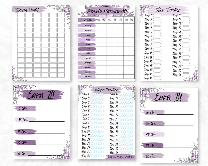 May include: A set of six printable weight loss trackers. The pages include a starting weight chart, monthly measurement log, step tracker, water tracker, and goal trackers for 5 to 50 pounds. Each page has a purple watercolor brushstroke and floral accents.