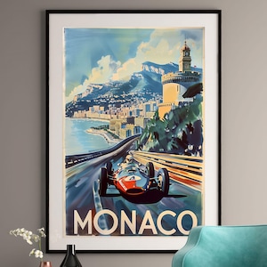 Lámina artística vintage del Gran Premio de Mónaco: carreras de Fórmula 1, pintura nostálgica