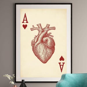 Karta do gry Anatomical Heart - Vintage Medical Illustration - Gothic Home Decor - Wydruk artystyczny Ace of Hearts