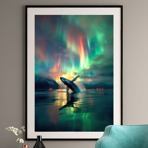 Stampa artistica di una megattera che salta fuori dall'acqua sotto l'aurora boreale / Arte murale naturalistica / Arte delle balene / Decorazione dell'aurora boreale