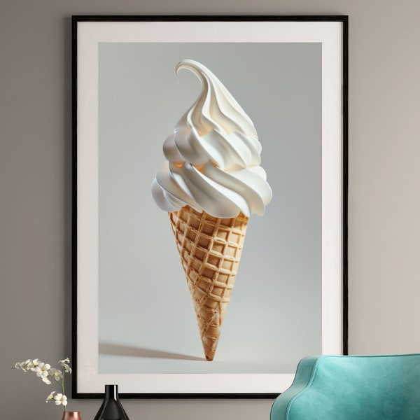 Impression d'art de crème glacée molle à la vanille | Photographie de cornet gaufré | Décoration murale gourmande