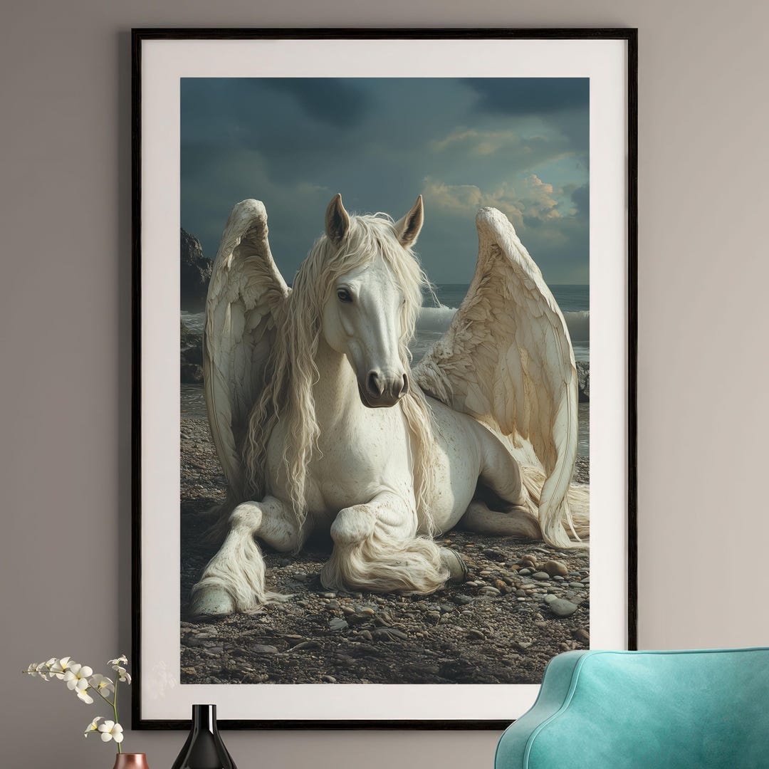 Mythical Pegasus - Winged Horse Art Print - Fantasy Beach Scene ...