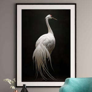 Lámina artística de grulla - Arte mural japonés - Póster minimalista de pájaro - Decoración estilo chinoiserie - Elegante decoración de pared de grulla blanca - Arte zen