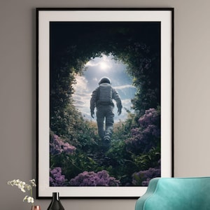 Stampa artistica del giardino dell'astronauta - Esploratore cosmico - Decorazione murale della natura spaziale surreale - Paesaggio fantascientifico da sogno