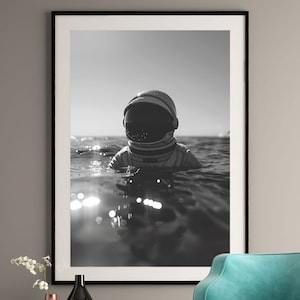 Astronauten-Ozean-Portrait-Druck – Schwarz-Weiß-Wandkunst – Weltraumforschungs-Dekor