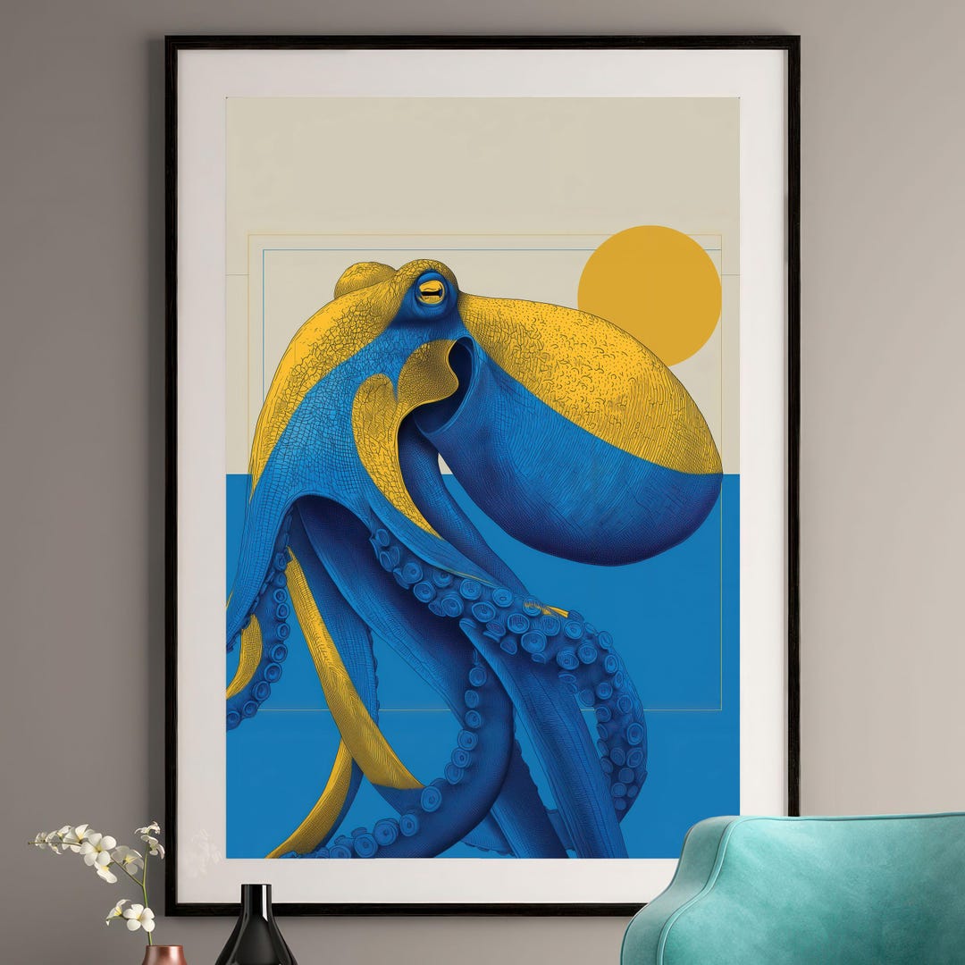 Octopus Art Print - Blue and Yellow Block Print Style - Graphic ...