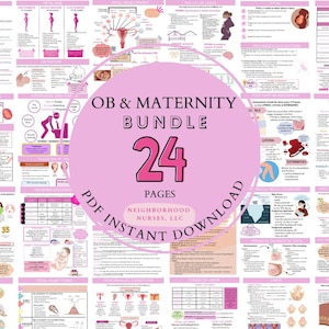 May include: A pink and white printable poster bundle with the title "OB & MATERNITY BUNDLE 24 PAGES" and the text "PDF INSTANT DOWNLOAD NEIGHBORHOOD NURSES, LLC". The poster bundle includes illustrations and text about pregnancy, labor, delivery, postpartum, and other related topics.