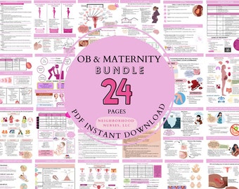 Peut inclure: Un lot de posters imprimables rose et blanc avec le titre "OB & MATERNITY BUNDLE 24 PAGES" et le texte "PDF INSTANT DOWNLOAD NEIGHBORHOOD NURSES, LLC". Le lot de posters comprend des illustrations et du texte sur la grossesse, l'accouchement, l'accouchement, le post-partum et d'autres sujets connexes.