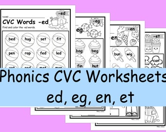 Phonics CVC Worksheets, CVC Word Search 'e' for Kindergarten and First Grade