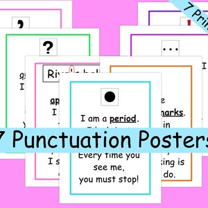 7 Punctuation Mark Posters! Posters are of period, comma, question mark, exclamation mark, apostrophe, quotation marks, ellipsis