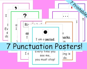 7 Punctuation Mark Posters! Posters are of period, comma, question mark, exclamation mark, apostrophe, quotation marks, ellipsis
