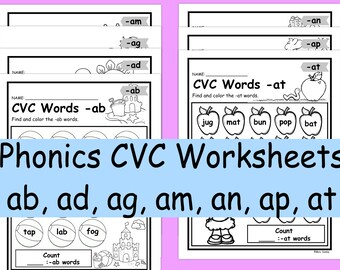Phonics CVC Worksheets, CVC Word Search 'a' for Kindergarten and First Grade