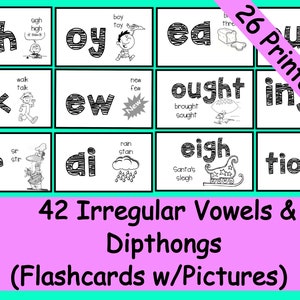 42 Irregular Vowels and Dipthongs&#39; Flash Cards with Pictures: in 26 Instant Download PDF Printables.