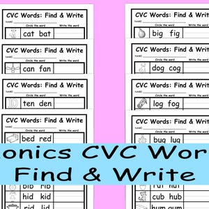Phonics CVC Worksheets - Finden und schreiben Sie die Wörter für Kidergarten / 1st GradeThis