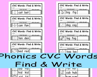 Phonics CVC Worksheets - Find and Write the Words for Kidergarten/1st GradeThis