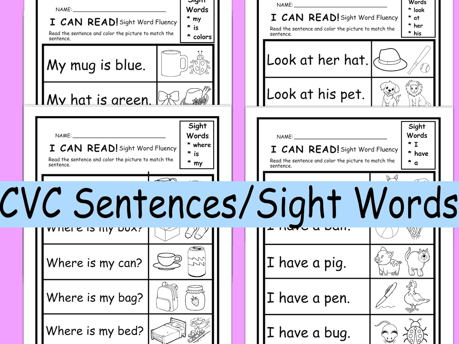 Phonics CVC Worksheets - #1 Sentences/sight Words Practice!! (#2 Packet ...