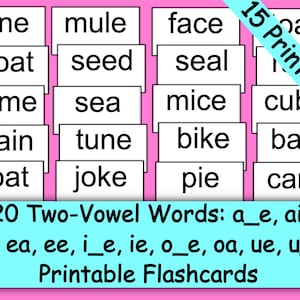 120 Flashcards voor twee klinkerwoorden: (a_e, ai, ay, ea, ee, i_e, ie, o_e, oa, ue, u_e) 15 afdrukbare flashcardbladen om te oefenen en te herhalen