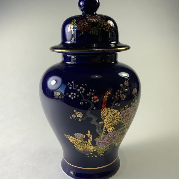 Vintage Cobalt Blue Gold Peacock Floral Urn