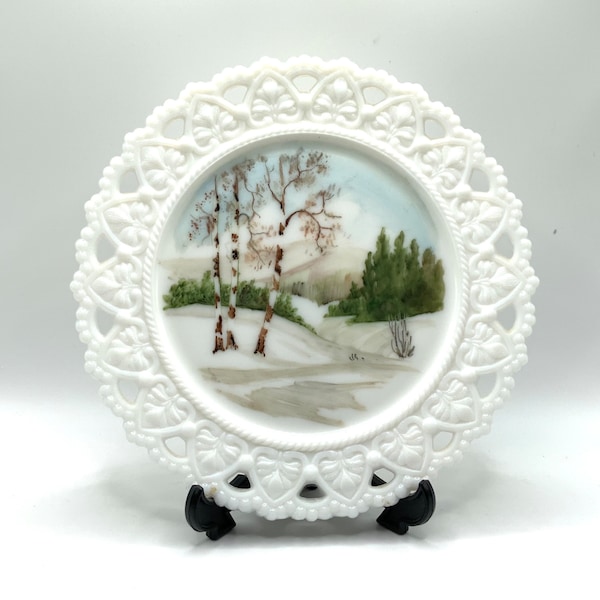 Vintage Scenic Hand Painted Lace Edge Milk Glass Plate