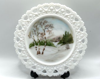 Lace Edge Milk Glass Vintage Scenic Hand Painted Plate