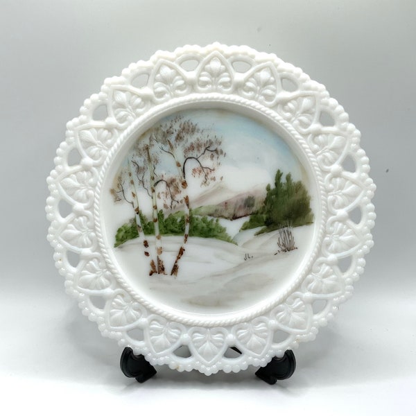 Vintage Scenic Hand Painted Lace Edge Milk Glass Plate