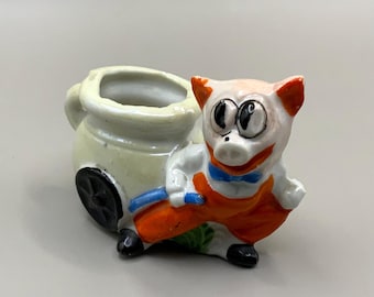Vintage Smiling Dwarf Miner Man Japan Ceramic Boy Pushing Orange