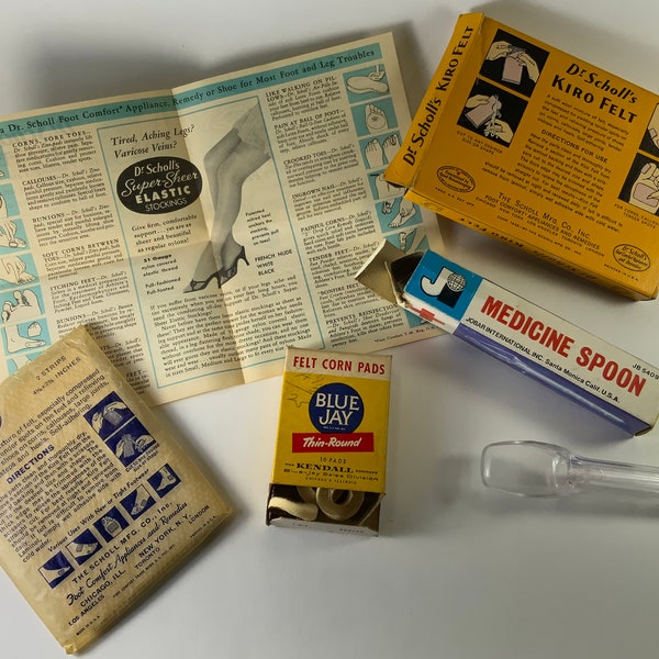 Vintage Advertising Memorabilia Dr Scholl’s Kiro Felt, Blue Jay Corn Pads, Jobar International Inc. Medicine Spoon