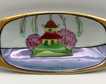 Vintage Hand Painted Peach Lusterware Trinket Tray