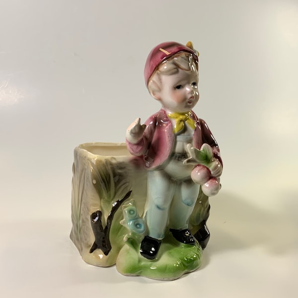 Vintage Relpo Boy with Feather in Hat Planter Figurine