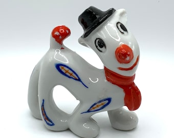 Vintage Kitsch Hand Painted Ceramic Anthropomorphic Cartoonish Dog with Hat Figurine