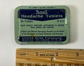 Vintage Rexall Headache 24 Tablets Slide Top Advertising Tin
