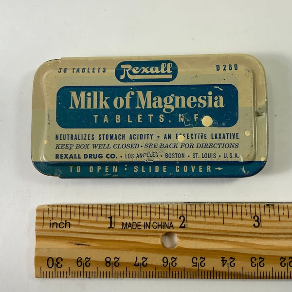 Vintage Rexall Milk of Magnesia Tablets Slide Top Advertising Tin