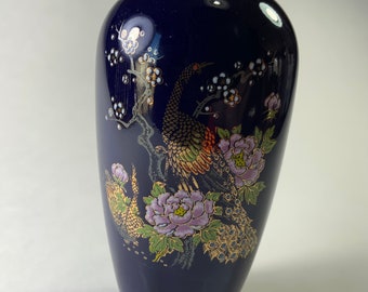 Cobalt Blue Gold Peacock Floral Vintage Bud Vase