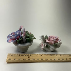 Vintage Bisque Floral Swan & Flower Basket Figurines