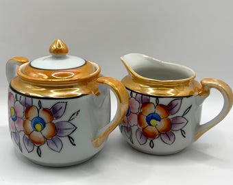 Vintage Peach Lusterware Sugar and Creamer