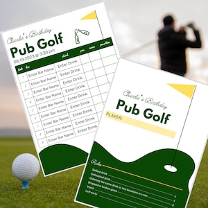 Geburtstag Pub Golf Scorecard Vorlage, digital, bearbeitbar, Party Aktivität, Golfparty, Kneipentour, Pub Scorecard
