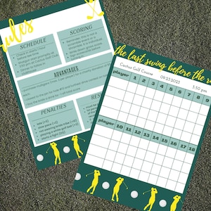 cuadro de mando de golf, último swing antes del ring, verde y amarillo, cuadro de mando digital, personalizar, imprimible, favor de fiesta de golf